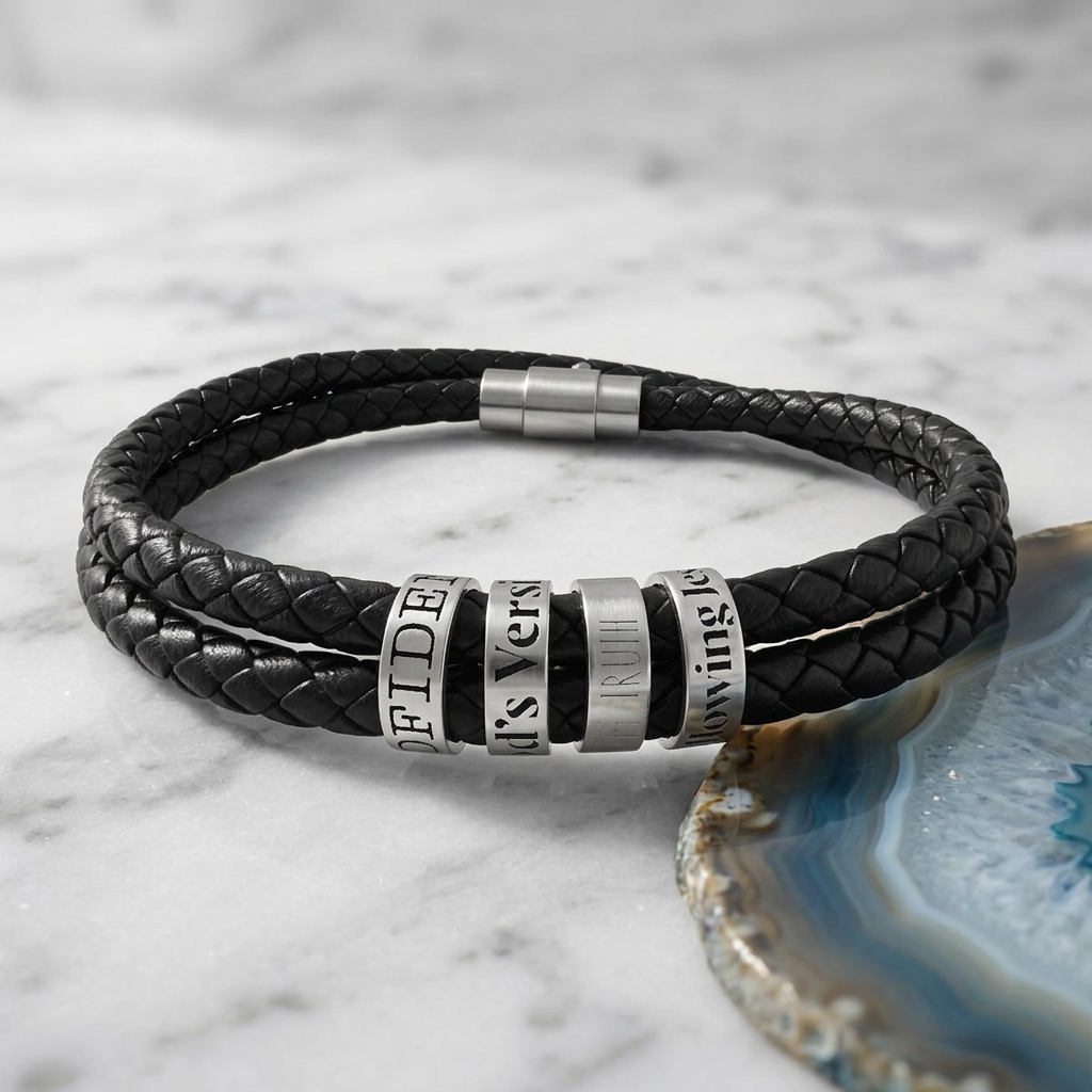 Engraved Men’s Leather Beaded Bracelet